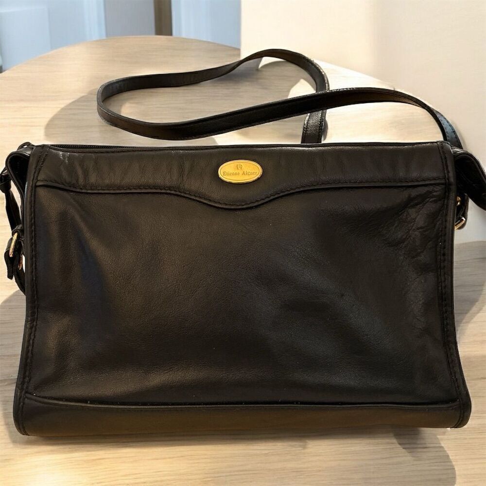 Etienne Aigner Vintage Black Soft Leather Long Strap Crossbody Bag Gold Hardware
